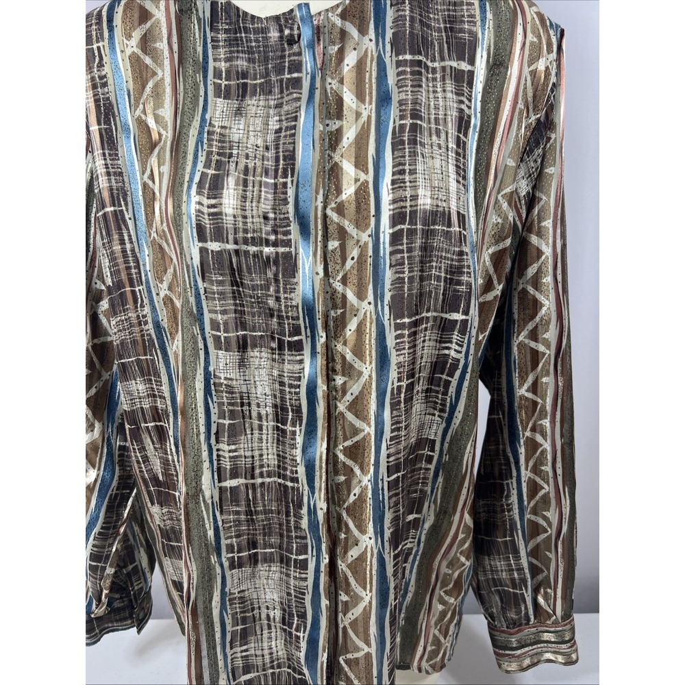 Yves‎ St Clair 2 Vintage Blouse Brown Abstract Bamboo Teal Stripes Size 24W